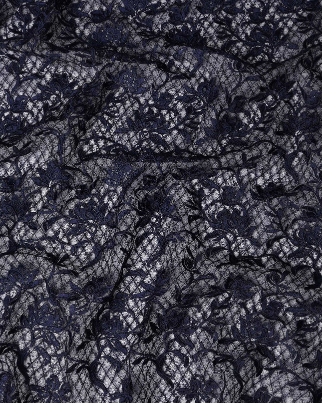 Navy Blue Floral Embroidered Synthetic Lace Fabric 140 Cms From China-D27261