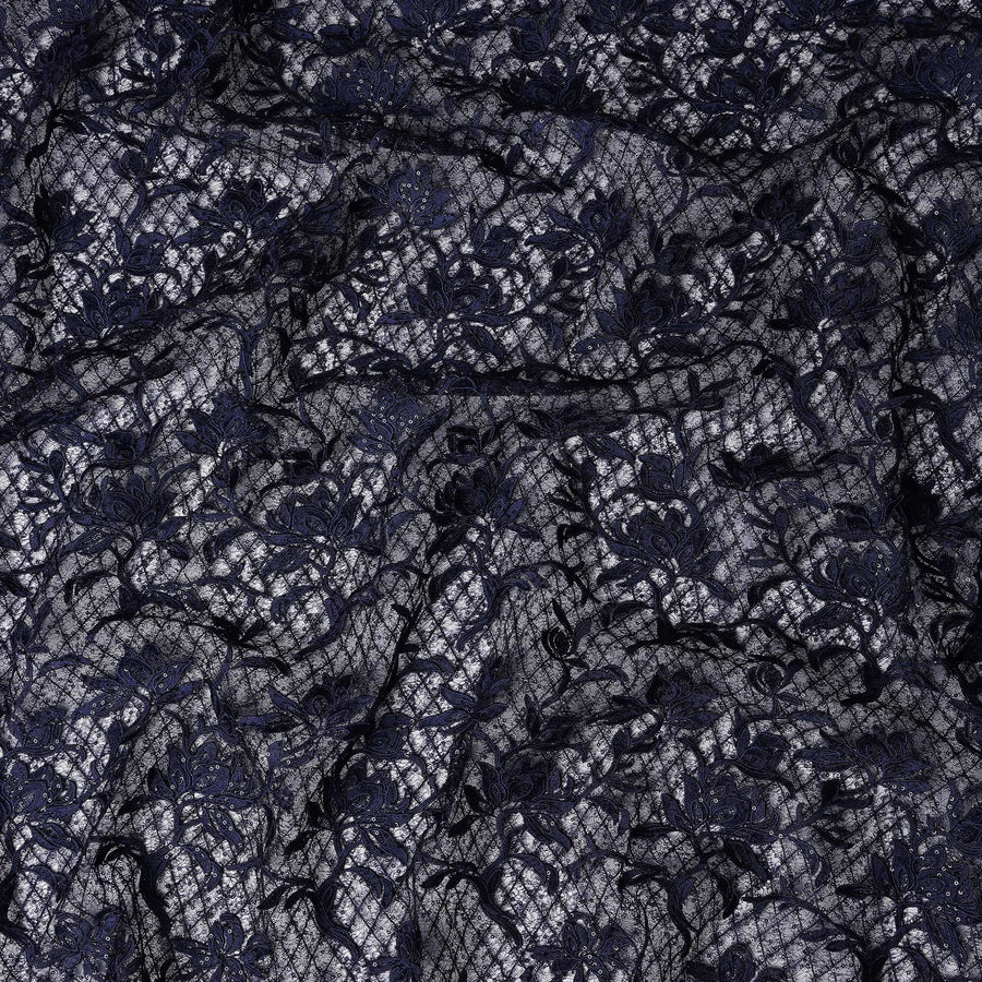 Navy Blue Floral Embroidered Synthetic Lace Fabric 140 Cms From China-D27261