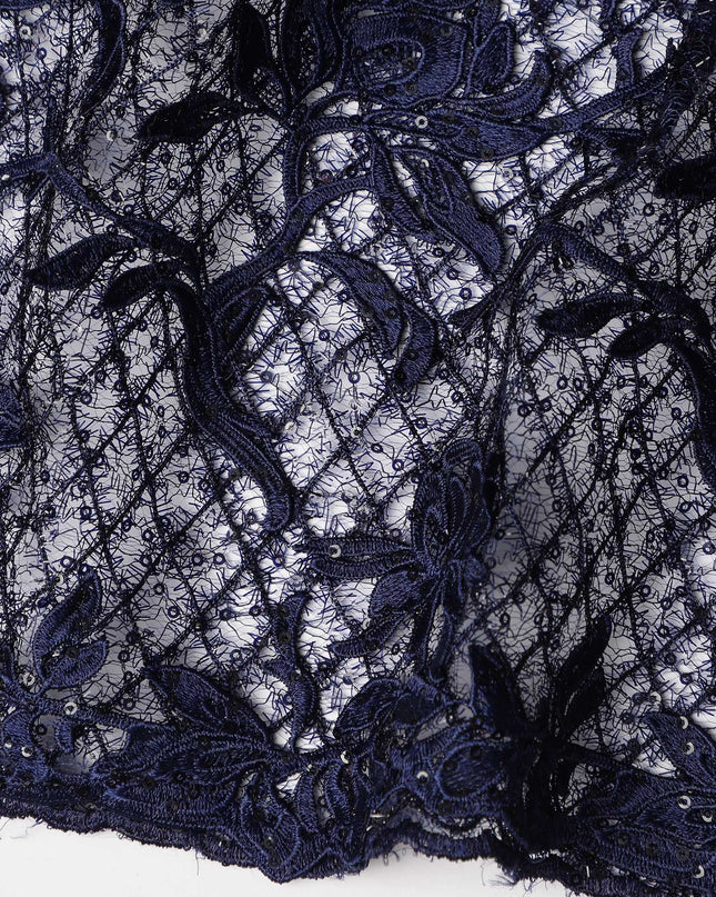 Navy Blue Floral Embroidered Synthetic Lace Fabric 140 Cms From China-D27261