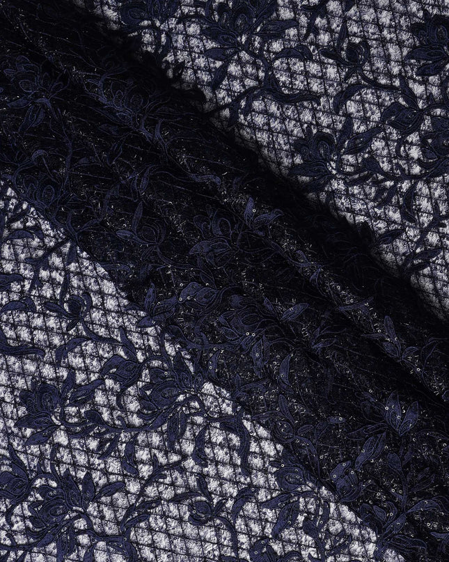 Navy Blue Floral Embroidered Synthetic Lace Fabric 140 Cms From China-D27261
