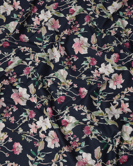 Navy Pink White Multicolor Botanical Floral Print Cotton Lawn Fabric – Artistic Garden Design, 110 cm Width, Made in Japan-D26846