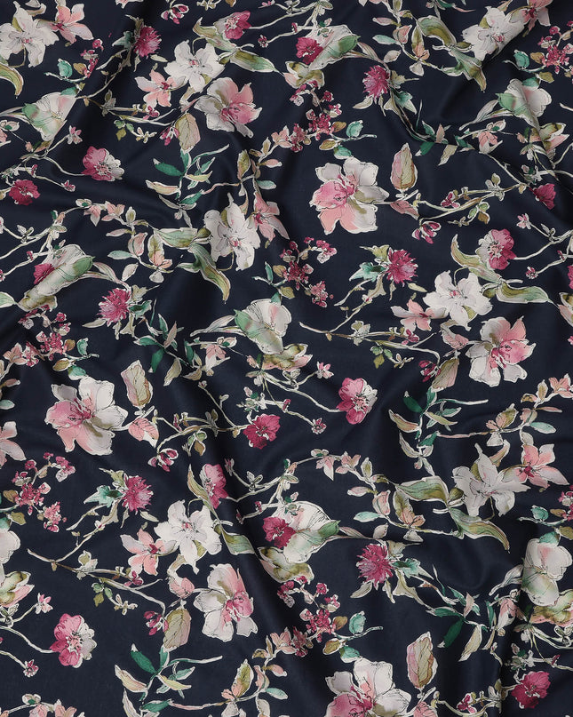 Navy Pink White Multicolor Botanical Floral Print Cotton Lawn Fabric – Artistic Garden Design, 110 cm Width, Made in Japan-D26846