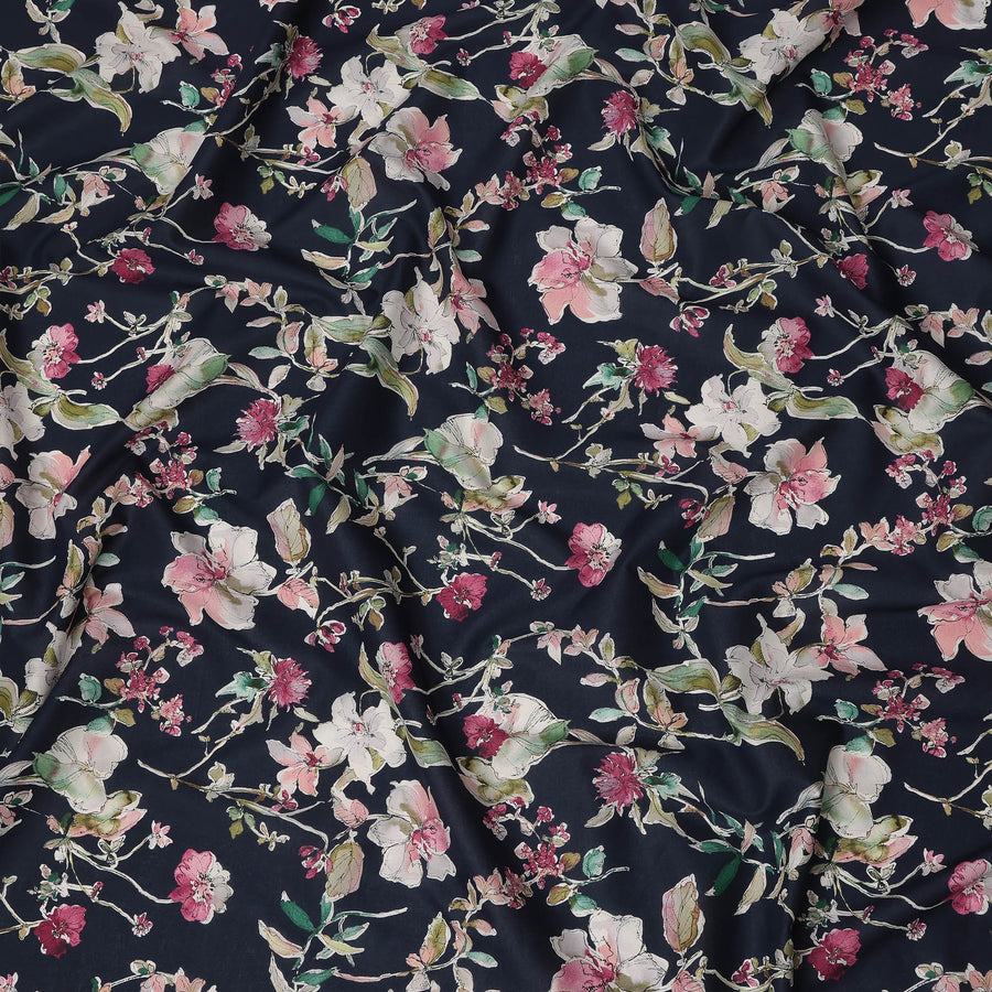 Navy Pink White Multicolor Botanical Floral Print Cotton Lawn Fabric – Artistic Garden Design, 110 cm Width, Made in Japan-D26846