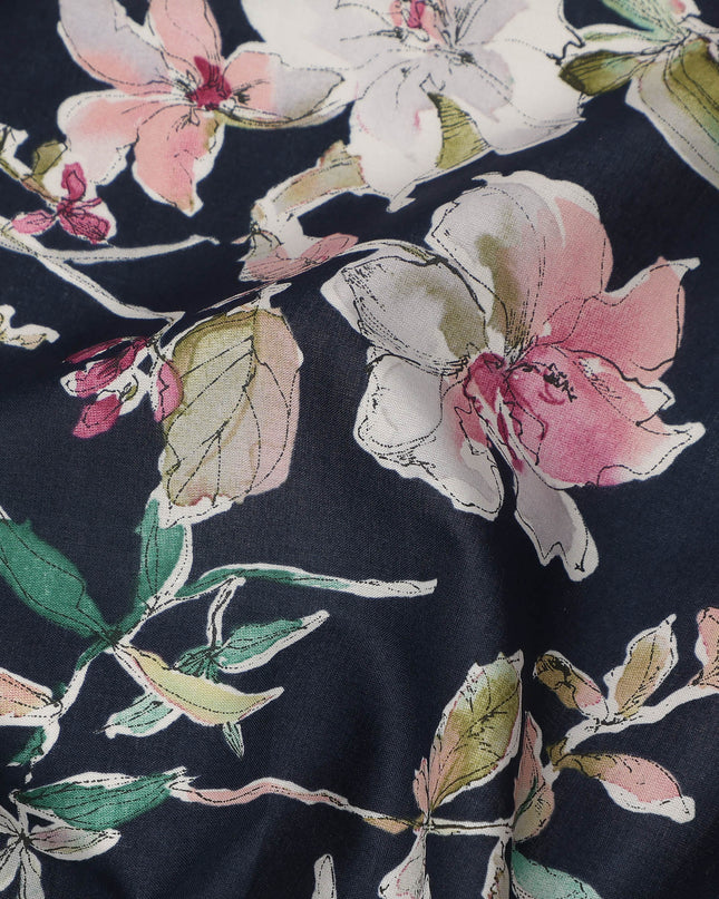 Navy Pink White Multicolor Botanical Floral Print Cotton Lawn Fabric – Artistic Garden Design, 110 cm Width, Made in Japan-D26846