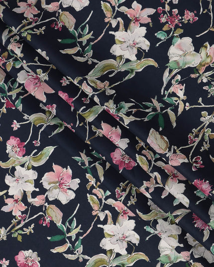 Navy Pink White Multicolor Botanical Floral Print Cotton Lawn Fabric – Artistic Garden Design, 110 cm Width, Made in Japan-D26846