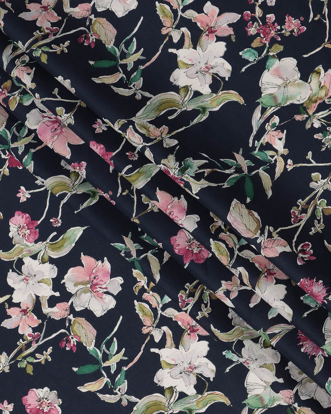 Navy Pink White Multicolor Botanical Floral Print Cotton Lawn Fabric – Artistic Garden Design, 110 cm Width, Made in Japan-D26846