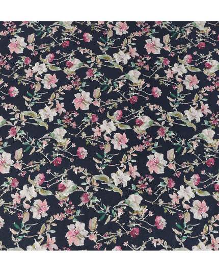 Navy Pink White Multicolor Botanical Floral Print Cotton Lawn Fabric – Artistic Garden Design, 110 cm Width, Made in Japan-D26846