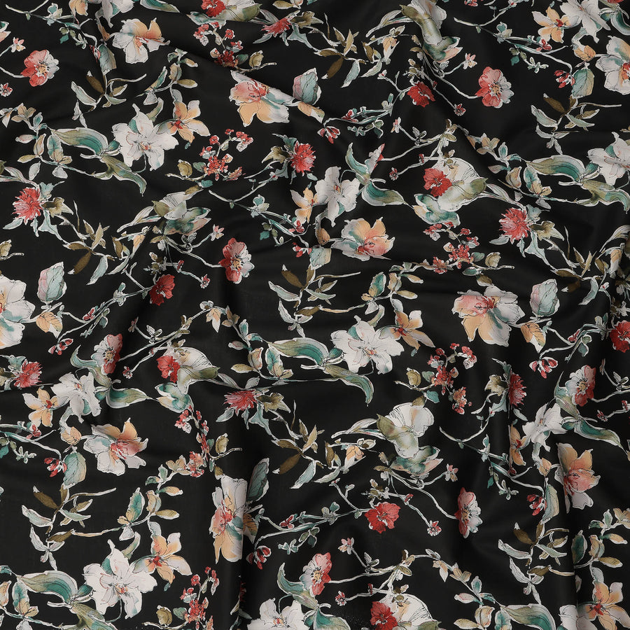 Black Floral Printed Cotton Lawn Fabric Soft Lightweight Breathable Dressmaking Sewing Material 4.0 Meters Length 110 Cms Width India-D27632