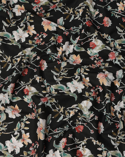 Black White Red Multicolor Botanical Floral Print Cotton Lawn Fabric – Artistic Garden Design, 110 cm Width, Made in Japan-D26847