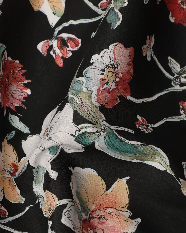 Black Floral Printed Cotton Lawn Fabric Soft Lightweight Breathable Dressmaking Sewing Material 4.0 Meters Length 110 Cms Width India-D27632