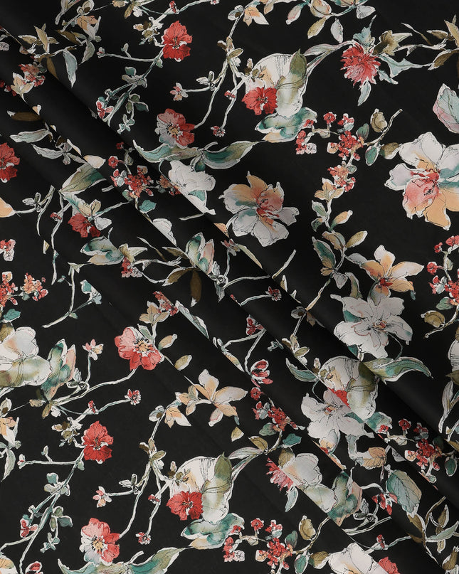 Black White Red Multicolor Botanical Floral Print Cotton Lawn Fabric – Artistic Garden Design, 110 cm Width, Made in Japan-D26847