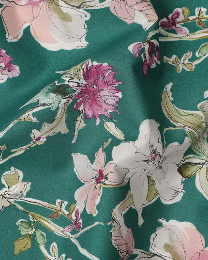 Green Pink White Multicolor Botanical Floral Print Cotton Lawn Fabric – Artistic Garden Design, 110 cm Width, Made in Japan-D26844