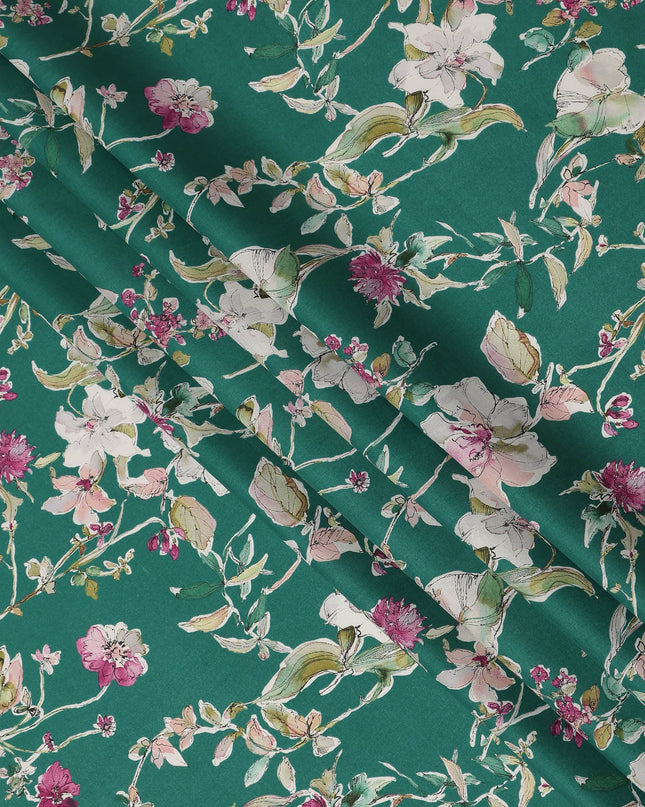Green Pink White Multicolor Botanical Floral Print Cotton Lawn Fabric – Artistic Garden Design, 110 cm Width, Made in Japan-D26844