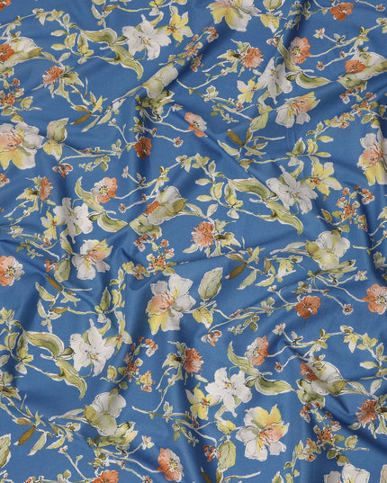 Blue Multicolor Botanical Floral Print Cotton Lawn Fabric – Artistic Garden Design, 110 cm Width, Made in Japan-D26843