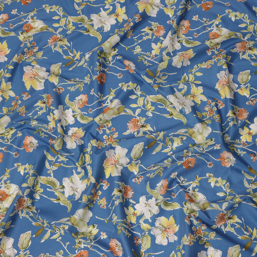 Blue Multicolor Botanical Floral Print Cotton Lawn Fabric – Artistic Garden Design, 110 cm Width, Made in Japan-D26843