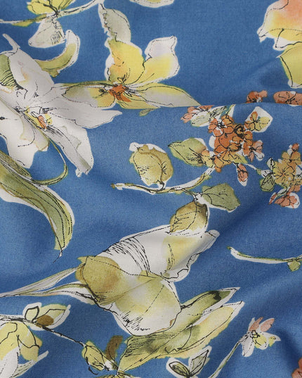 Blue Multicolor Botanical Floral Print Cotton Lawn Fabric – Artistic Garden Design, 110 cm Width, Made in Japan-D26843