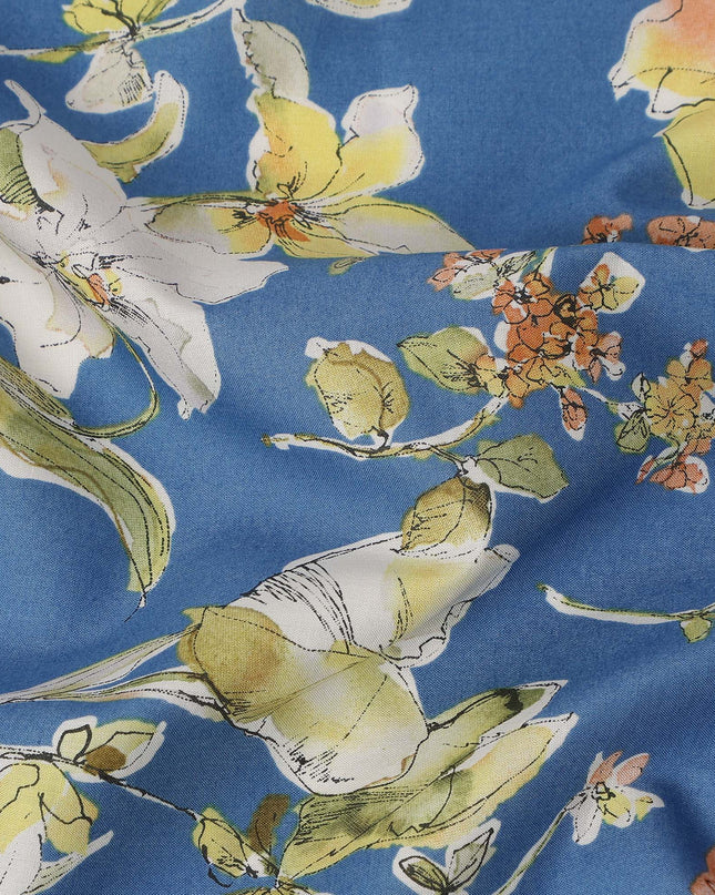 Blue Multicolor Botanical Floral Print Cotton Lawn Fabric – Artistic Garden Design, 110 cm Width, Made in Japan-D26843