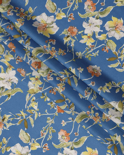 Blue Multicolor Botanical Floral Print Cotton Lawn Fabric – Artistic Garden Design, 110 cm Width, Made in Japan-D26843