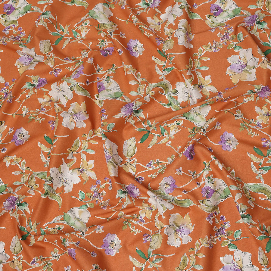 Orange Purple White Multicolor Botanical Floral Print Cotton Lawn Fabric – Artistic Garden Design, 110 cm Width, Made in Japan-D26845