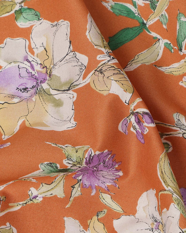 Orange Purple White Multicolor Botanical Floral Print Cotton Lawn Fabric – Artistic Garden Design, 110 cm Width, Made in Japan-D26845