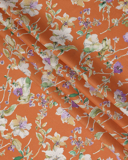 Orange Purple White Multicolor Botanical Floral Print Cotton Lawn Fabric – Artistic Garden Design, 110 cm Width, Made in Japan-D26845