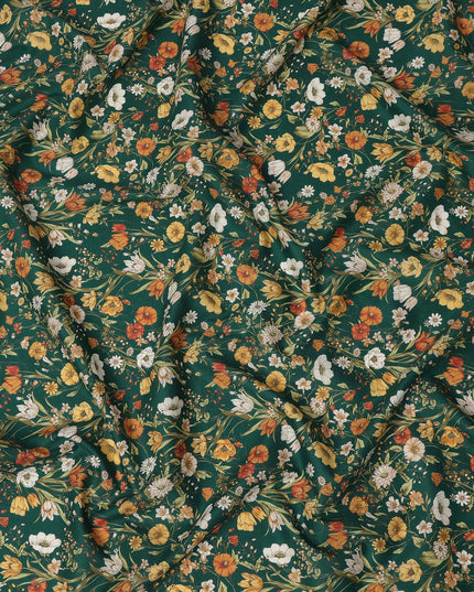 Dark Green Floral Printed Cotton Lawn Fabric Soft Lightweight Breathable Dressmaking Sewing Material 4.0 Meters Length 110 Cms Width India-D27630