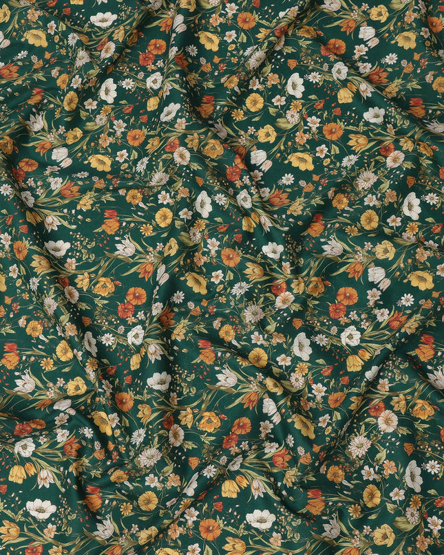 Dark Green Floral Printed Cotton Lawn Fabric Soft Lightweight Breathable Dressmaking Sewing Material 4.0 Meters Length 110 Cms Width India-D27630