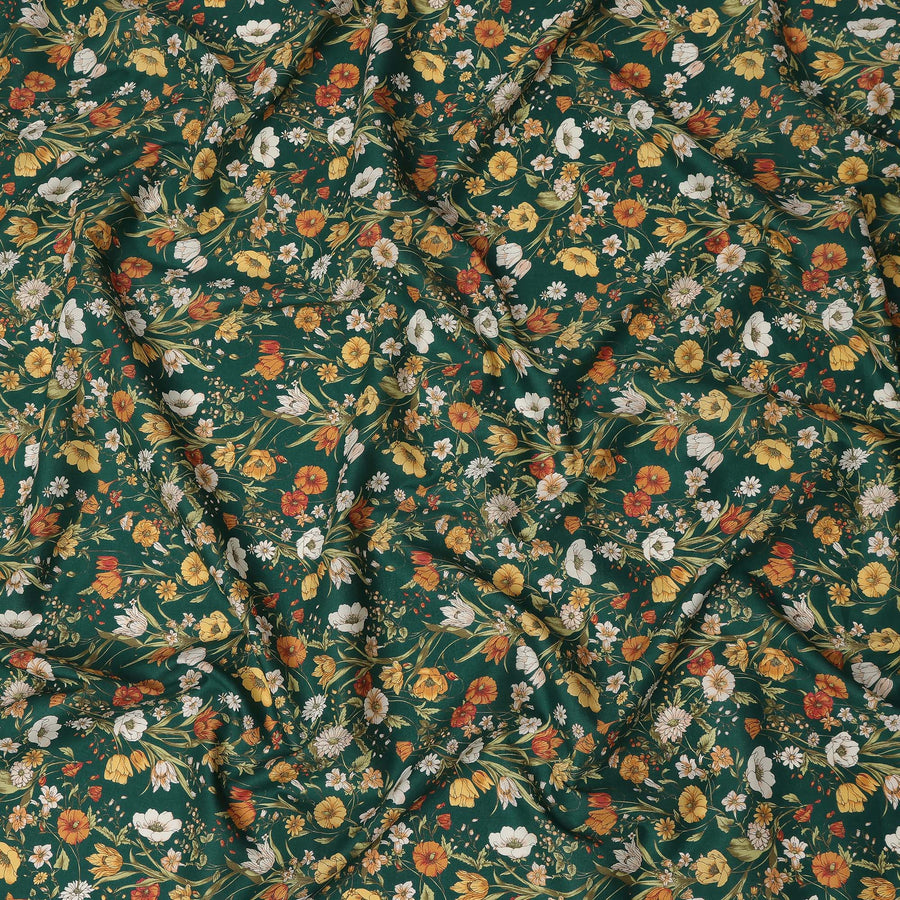 Dark Green Floral Printed Cotton Lawn Fabric Soft Lightweight Breathable Dressmaking Sewing Material 4.0 Meters Length 110 Cms Width India-D27630