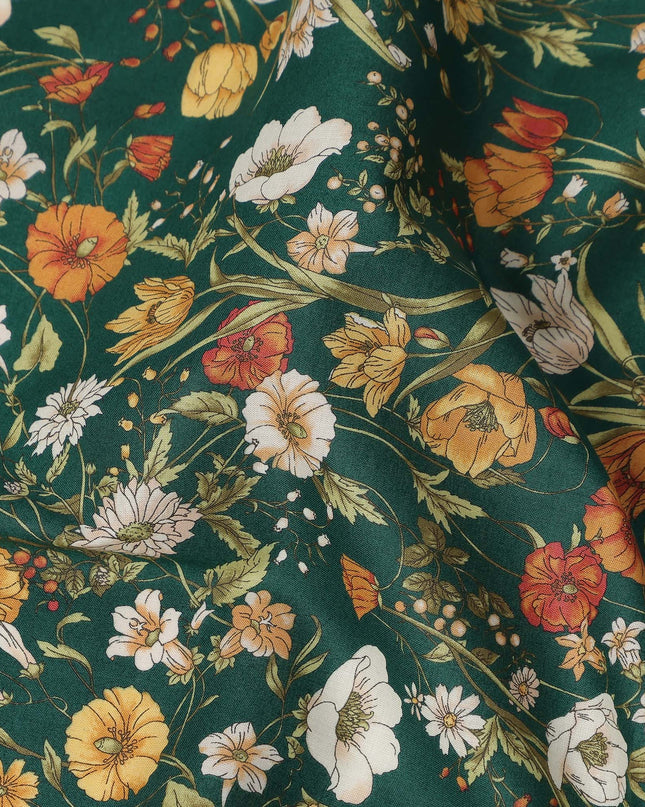 Green Multicolor Meadow Floral Print Cotton Lawn Fabric – Delicate Garden Design, 110 cm Width, Made in Japan-D26851