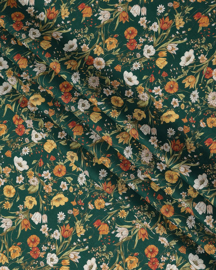 Green Multicolor Meadow Floral Print Cotton Lawn Fabric – Delicate Garden Design, 110 cm Width, Made in Japan-D26851