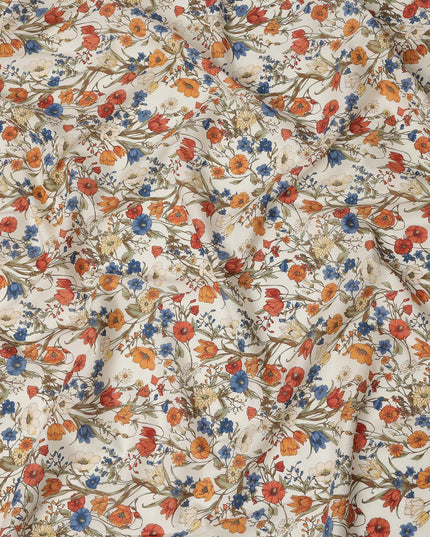 Cream Multicolor Meadow Floral Print Cotton Lawn Fabric – Delicate Garden Design, 110 cm Width, Made in Japan-D26852