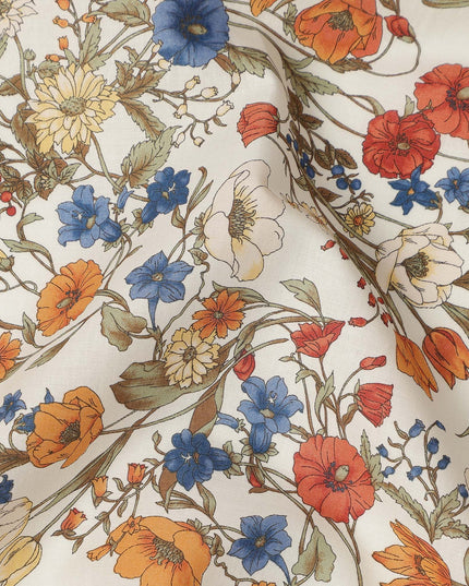 Cream Multicolor Meadow Floral Print Cotton Lawn Fabric – Delicate Garden Design, 110 cm Width, Made in Japan-D26852