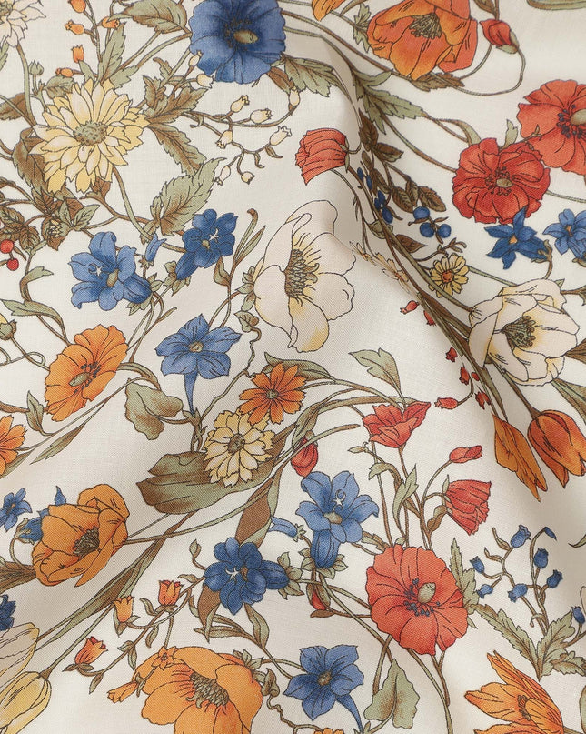 Cream Multicolor Meadow Floral Print Cotton Lawn Fabric – Delicate Garden Design, 110 cm Width, Made in Japan-D26852