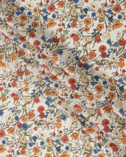 Cream Multicolor Meadow Floral Print Cotton Lawn Fabric – Delicate Garden Design, 110 cm Width, Made in Japan-D26852