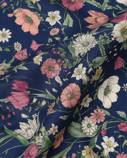 Navy Multicolor Meadow Floral Print Cotton Lawn Fabric – Delicate Garden Design, 110 cm Width, Made in Japan-D26848