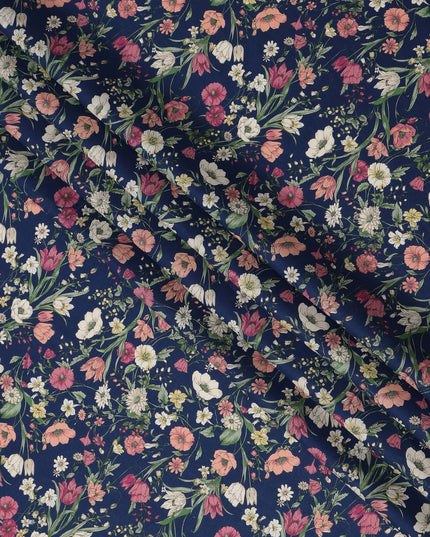 Navy Multicolor Meadow Floral Print Cotton Lawn Fabric – Delicate Garden Design, 110 cm Width, Made in Japan-D26848