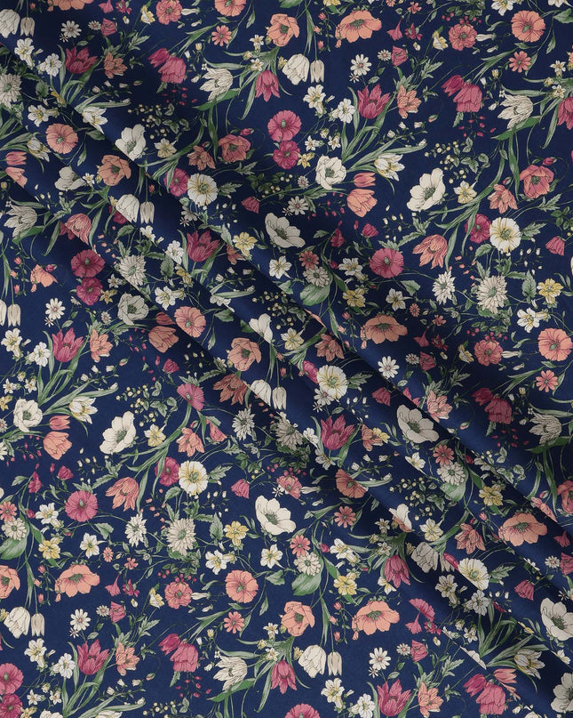 Navy Multicolor Meadow Floral Print Cotton Lawn Fabric – Delicate Garden Design, 110 cm Width, Made in Japan-D26848