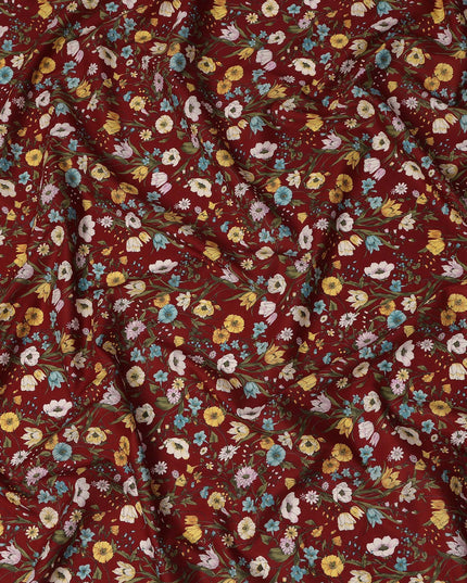 Maroon Multicolor Meadow Floral Print Cotton Lawn Fabric – Delicate Garden Design, 110 cm Width, Made in Japan-D26849