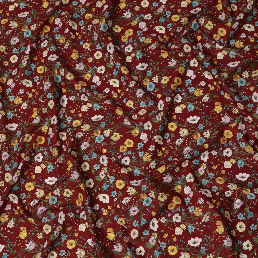 Maroon Multicolor Meadow Floral Print Cotton Lawn Fabric – Delicate Garden Design, 110 cm Width, Made in Japan-D26849