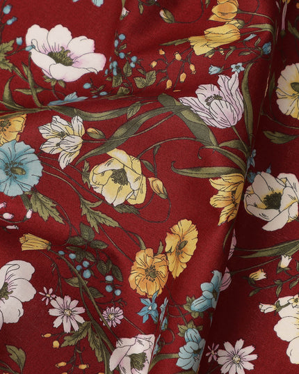 Maroon Multicolor Meadow Floral Print Cotton Lawn Fabric – Delicate Garden Design, 110 cm Width, Made in Japan-D26849