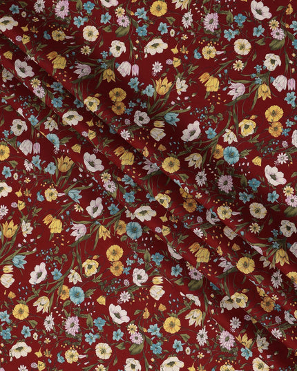 Maroon Multicolor Meadow Floral Print Cotton Lawn Fabric – Delicate Garden Design, 110 cm Width, Made in Japan-D26849