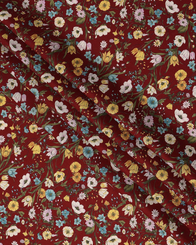 Maroon Multicolor Meadow Floral Print Cotton Lawn Fabric – Delicate Garden Design, 110 cm Width, Made in Japan-D26849