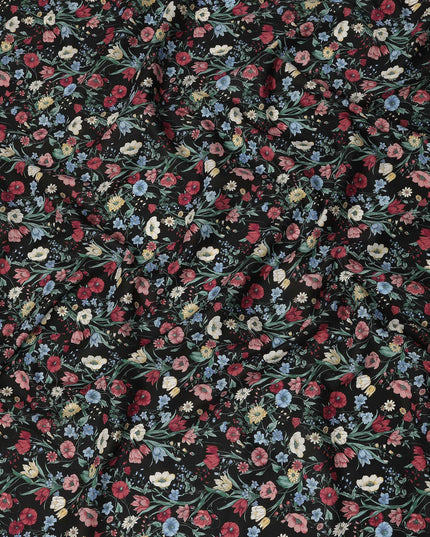 Black Multicolor Meadow Floral Print Cotton Lawn Fabric – Delicate Garden Design, 110 cm Width, Made in Japan-D26850
