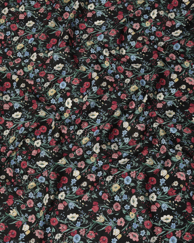 Black Multicolor Meadow Floral Print Cotton Lawn Fabric – Delicate Garden Design, 110 cm Width, Made in Japan-D26850