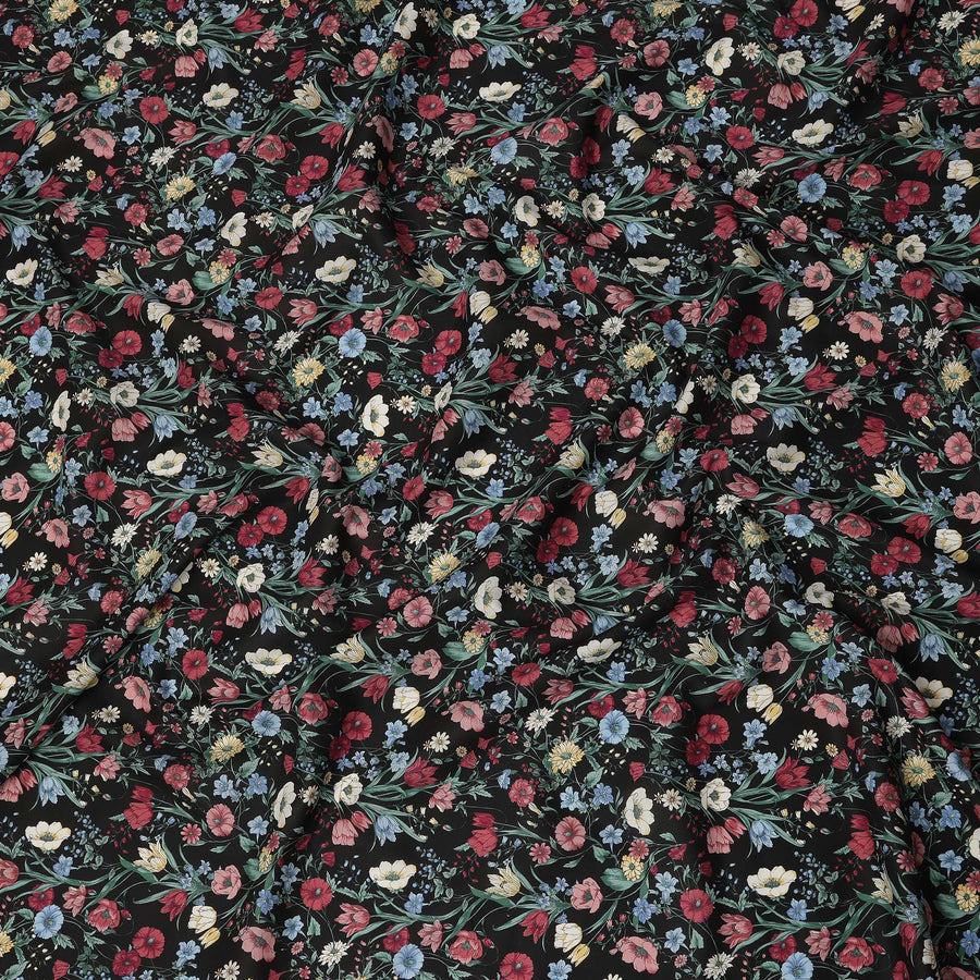 Black Multicolor Meadow Floral Print Cotton Lawn Fabric – Delicate Garden Design, 110 cm Width, Made in Japan-D26850