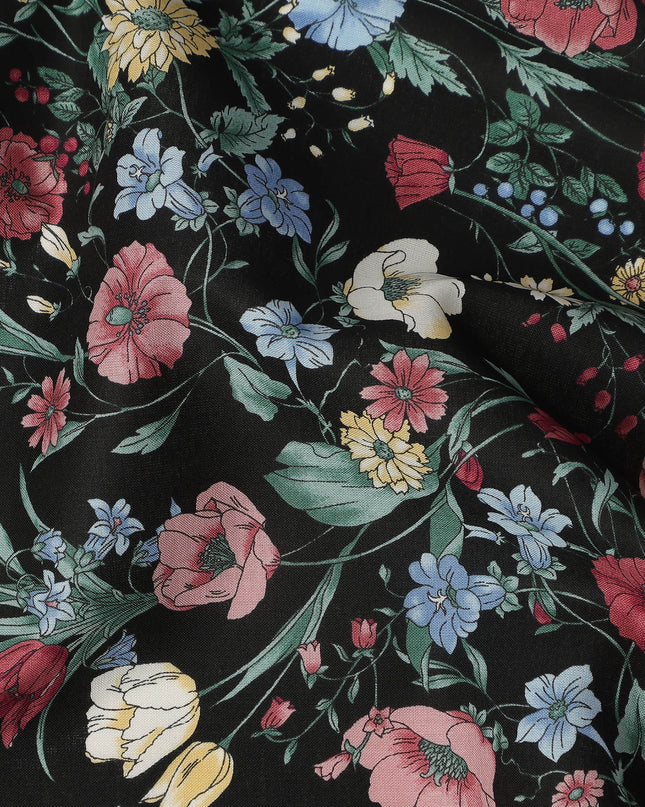 Black Multicolor Meadow Floral Print Cotton Lawn Fabric – Delicate Garden Design, 110 cm Width, Made in Japan-D26850