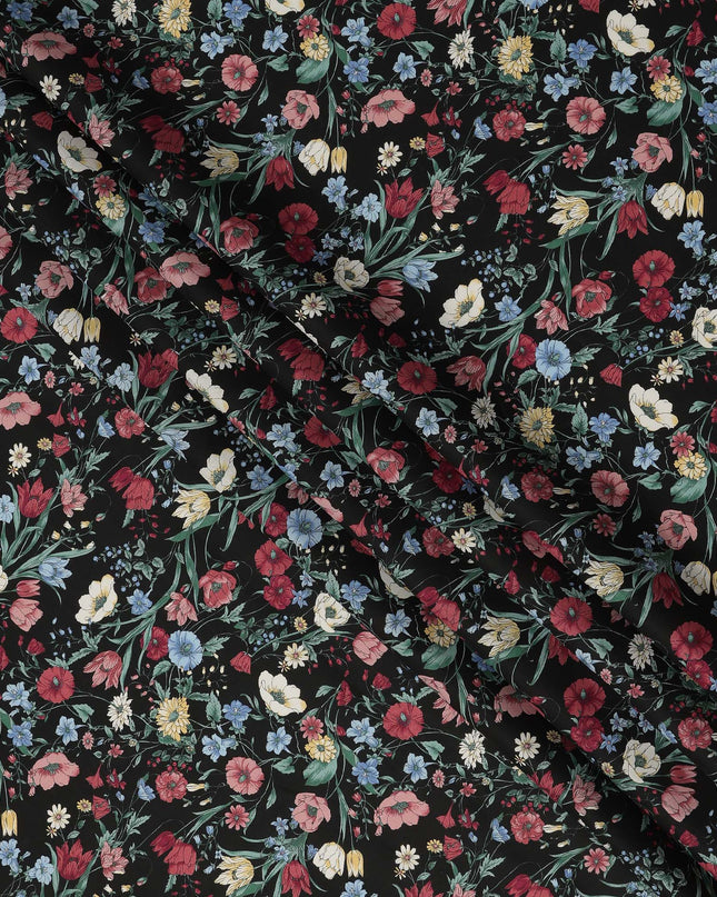Black Multicolor Meadow Floral Print Cotton Lawn Fabric – Delicate Garden Design, 110 cm Width, Made in Japan-D26850