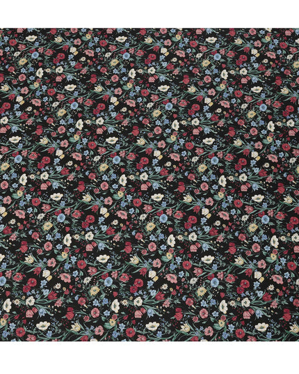 Black Multicolor Meadow Floral Print Cotton Lawn Fabric – Delicate Garden Design, 110 cm Width, Made in Japan-D26850