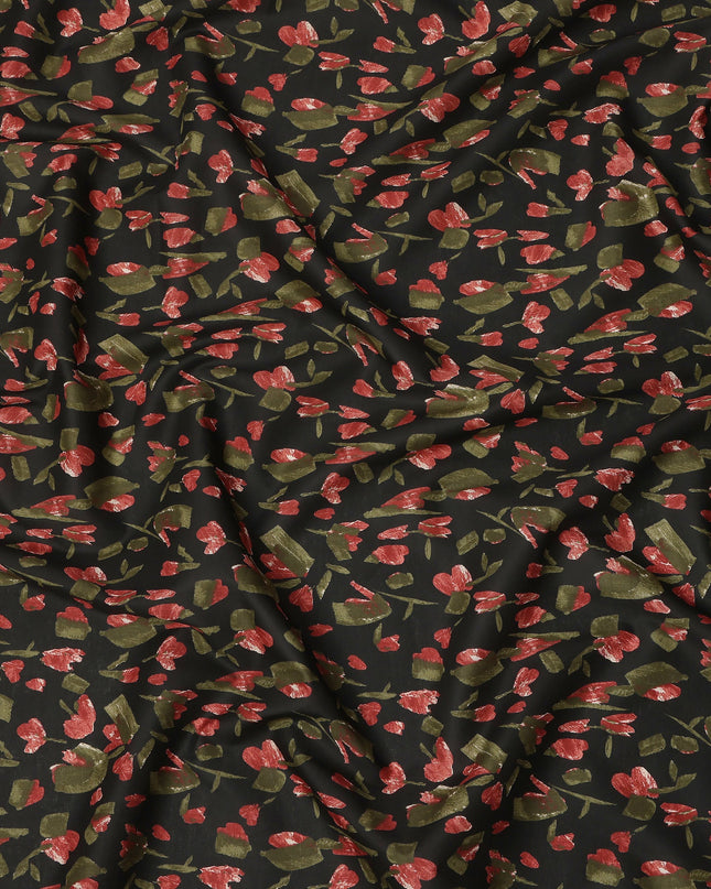 Black Red Olive Abstract Floral Print Cotton Lawn Fabric – Contemporary Botanical Design, 110 cm Width, Made in Japan-D26833