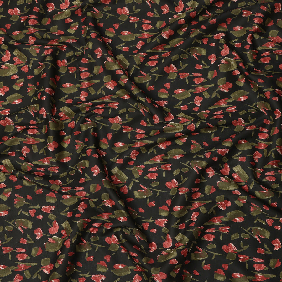 Black Red Olive Abstract Floral Print Cotton Lawn Fabric – Contemporary Botanical Design, 110 cm Width, Made in Japan-D26833